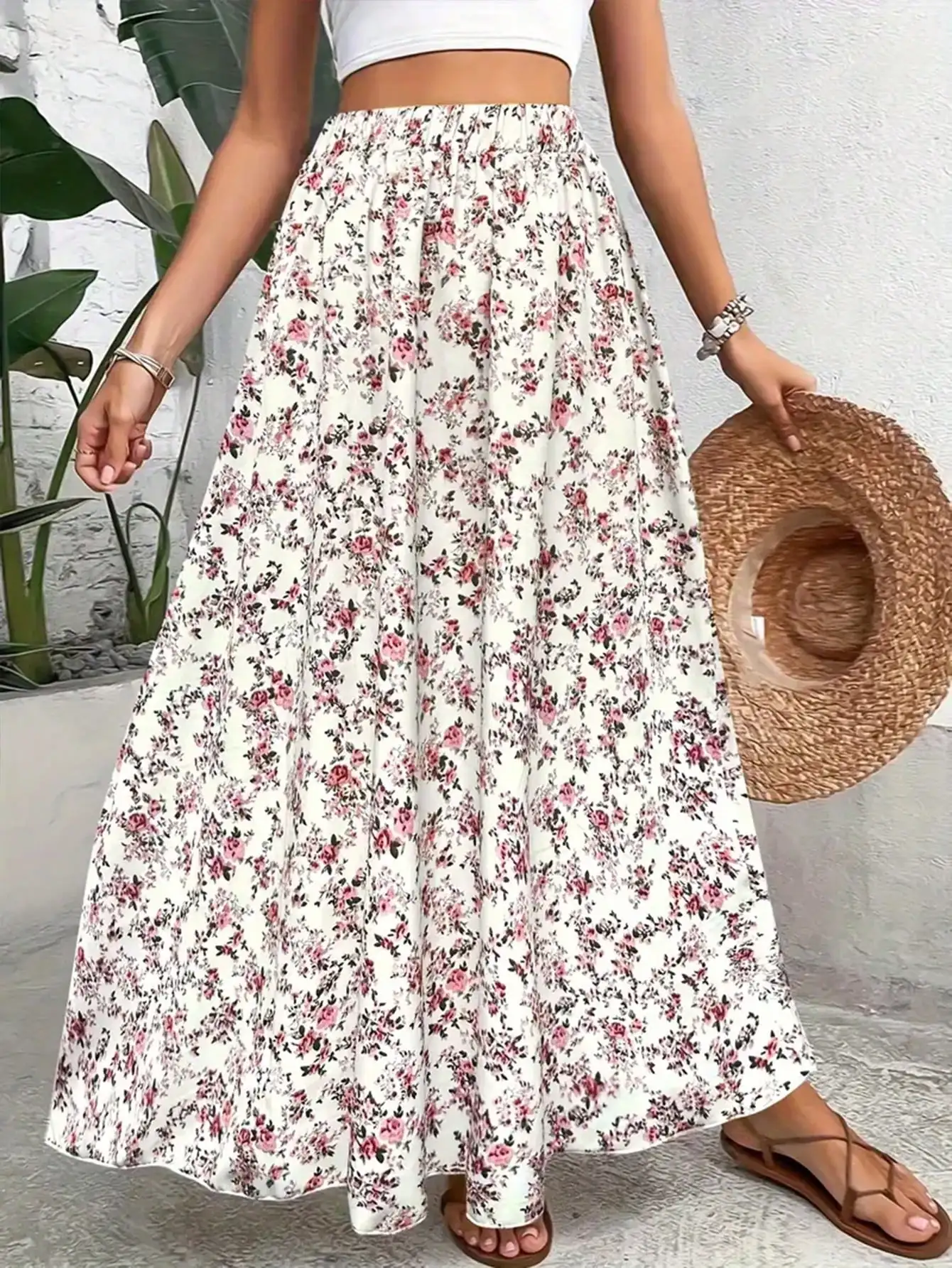 PETITE Women's Boho Floral Maxi Skirt Summer 2026 100% Polyester Elastic High Waist Loose Flowy A Line Long Vacation Skirt