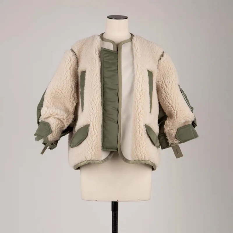 2025 Autumn Winter Japanese Style New Patchwork Color Block Lamb Wool Coat Women Loose Casual Long Sleeve Top