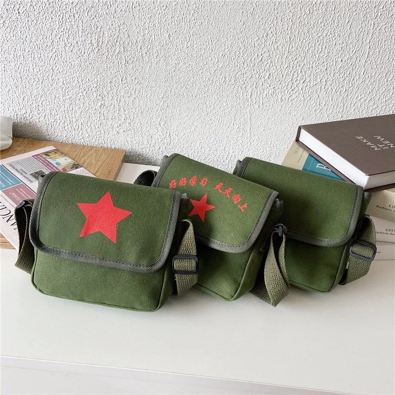 

Children's small schoolbag canvas retro shoulder crossbody red army student pentagram male and female students travel bag