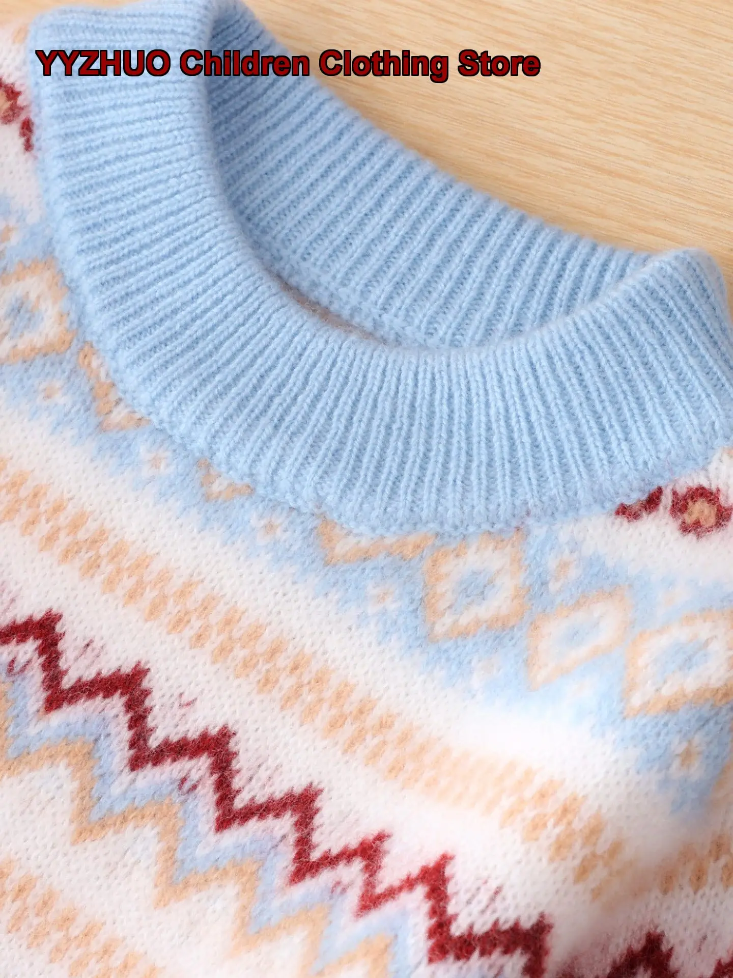 Kids Pure Cotton Pullover Boys Girls Autumn Winter Mock Neck Heavy Jacquard Fleece Lined Thickened Soft High Neck