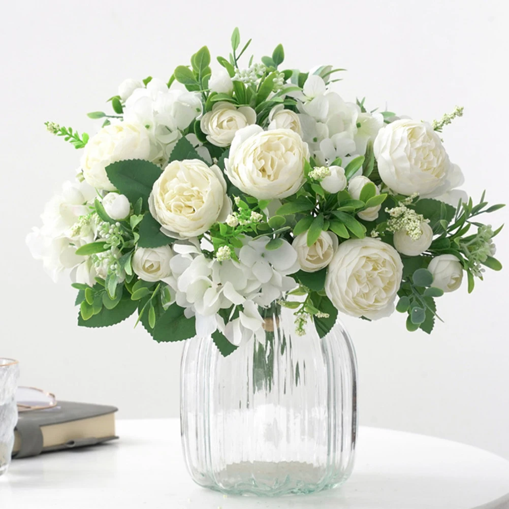 

Bride Holding Artificial Peony Bouquet Fake Flowers Wedding Bridesmaid White Silk
