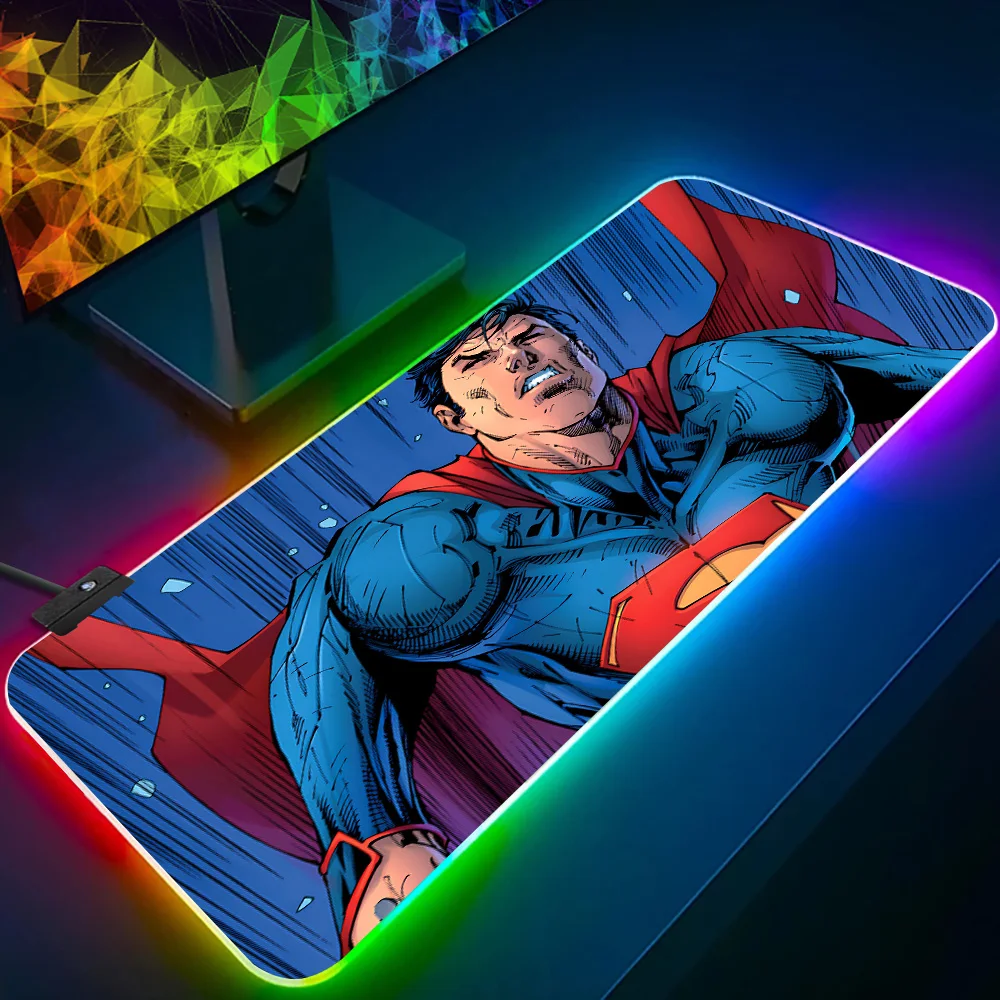 Cartoon S-SupermanS Logo RGB Pc Gamer Keyboard Mouse Pad Mousepad LED Glowing Mouse Mats Rubber Gaming Computer Mausepad