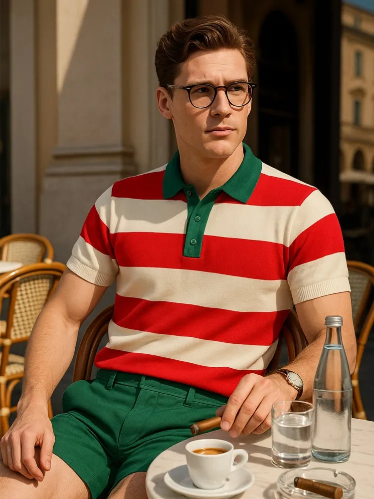 Italian Style Mens Business Casual T Shirt Mixed Colors Turndown Collar Striped Tees Tops Short Sleeve Pullover Knitted T Shirts