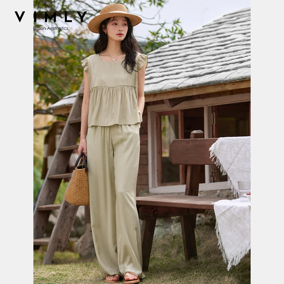 

VIMLY Casual 2 Pieces Pant Set For Woman Outfit 2025 Summer Women's Suit Loose Fit Blouse Wide Leg Pants Female Clothing M9901