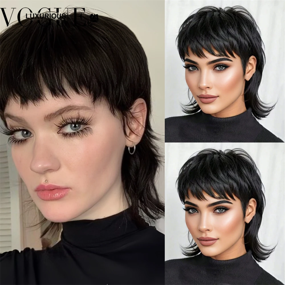 

Shaggy Layered Mullet Wig Human Hair With Bangs Short Bob Pixie Cut Brazilian Remy Human Hair Wigs Full Machine Made Ready To Go