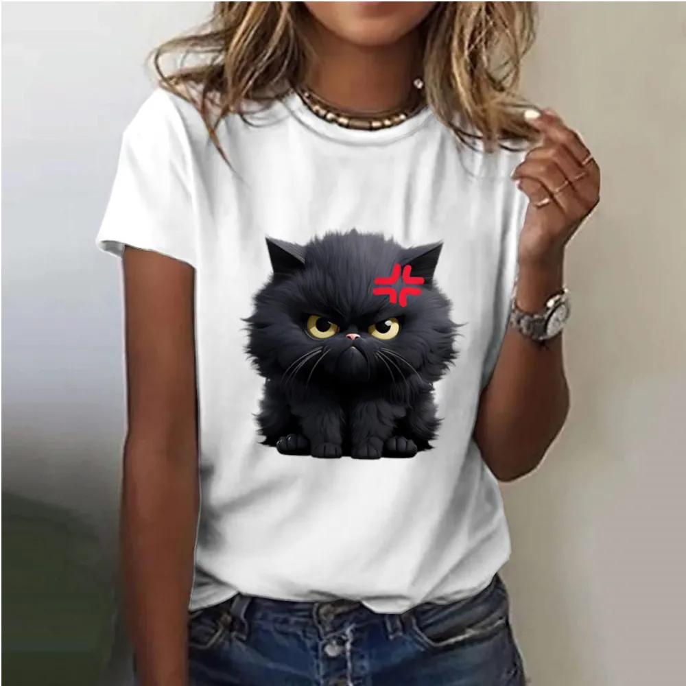 Women's T-shirt Tee Cat Daily Weekend white printed short sleeved fashionable and fun round neck slim fit summer women's top