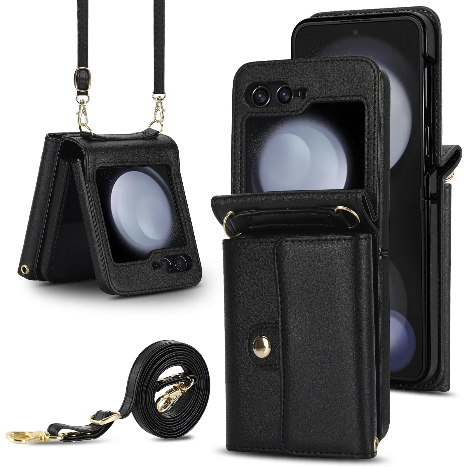 

Flip7 Lanyard&Crossbody Strap Folding Phone Case for Samsung Galaxy Z Flip 7 6 5 4 3 Button Card Holder Wallet Pu Leather Cover