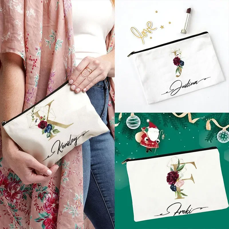 Bolsa de cosméticos Floral con nombre personalizado, bolso de mano de dama de honor, bolsa de maquillaje de belleza de viaje, bolsa de regalo de lápiz labial de despedida de soltera