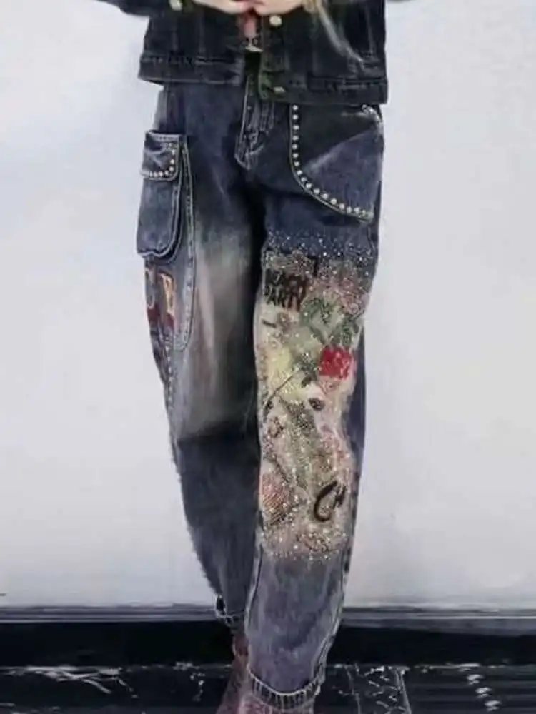 

Retro Willow Nail And Diamond Jeans Women's Spring And Summer Fashion New Style Pocket Letter Cool Printed Pants