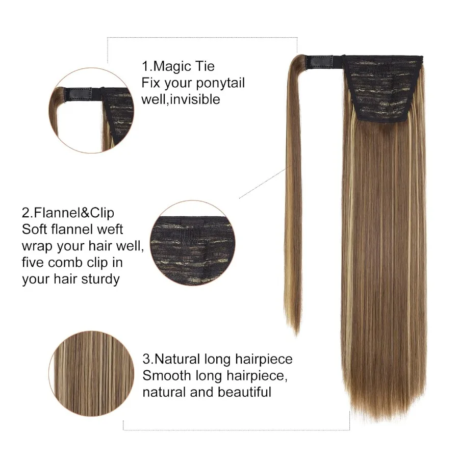 Clipin-extensión de cola de caballo envolvente, cola de caballo larga y recta, postizo sintético suave Natural para mujer, 28 pulgadas, marrón, Rubio ceniza