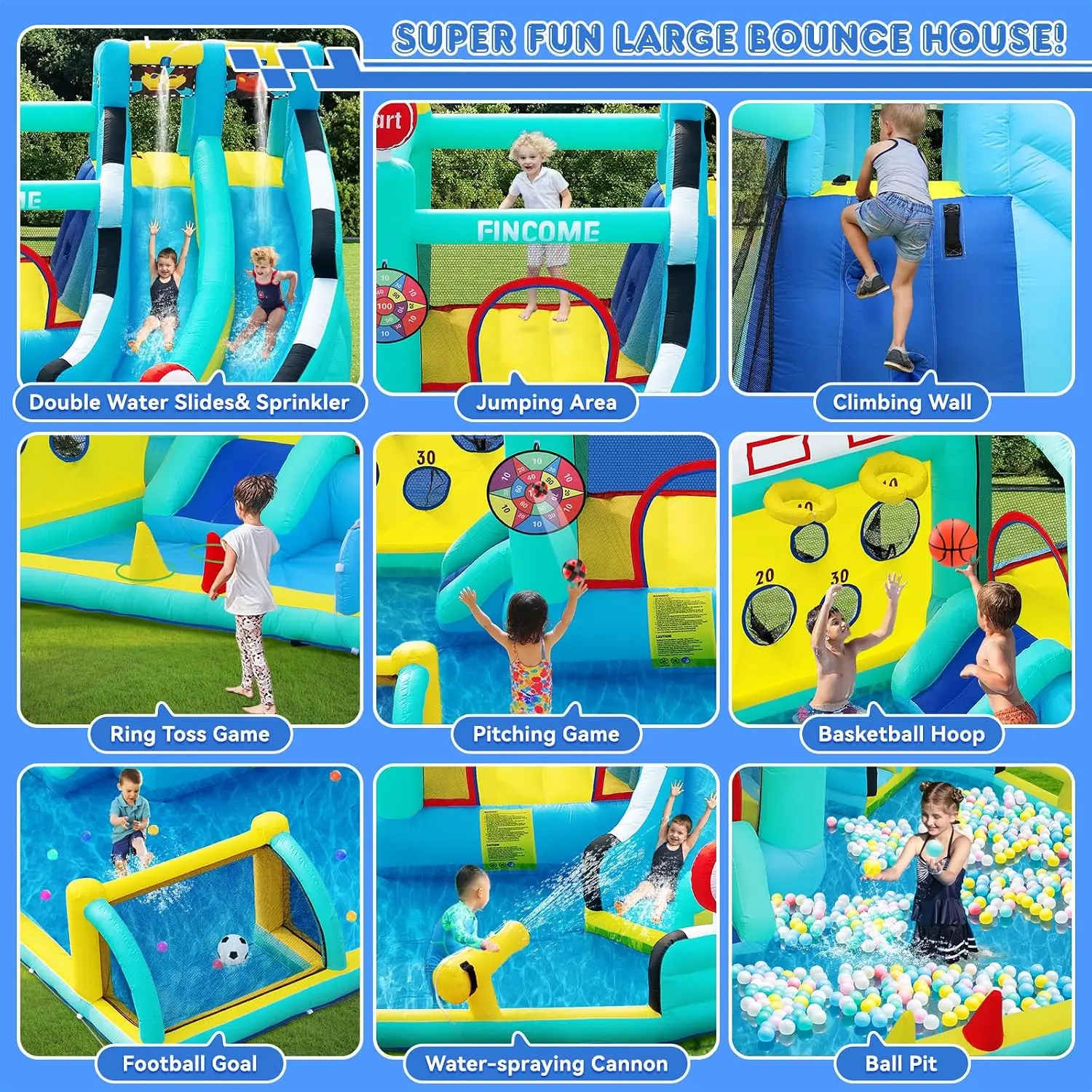 Bounce House Double Slides for Kids 3-10, Large Bounce Castle with Air Blower 550W, Pool, Jumping, Climbing, Balls, Ring Toss, I