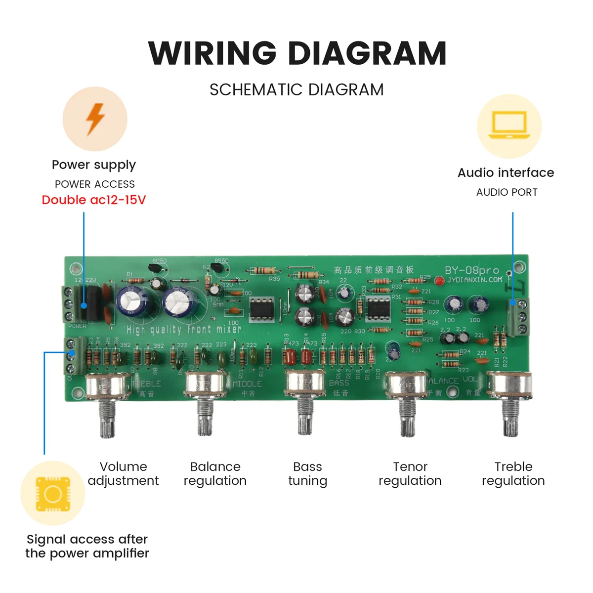 2.0 HIFI AN4558 Audio Preamplifier Bass Midrange Treble Balance Adjustable Audio Preamp Finished Board with Tone Control