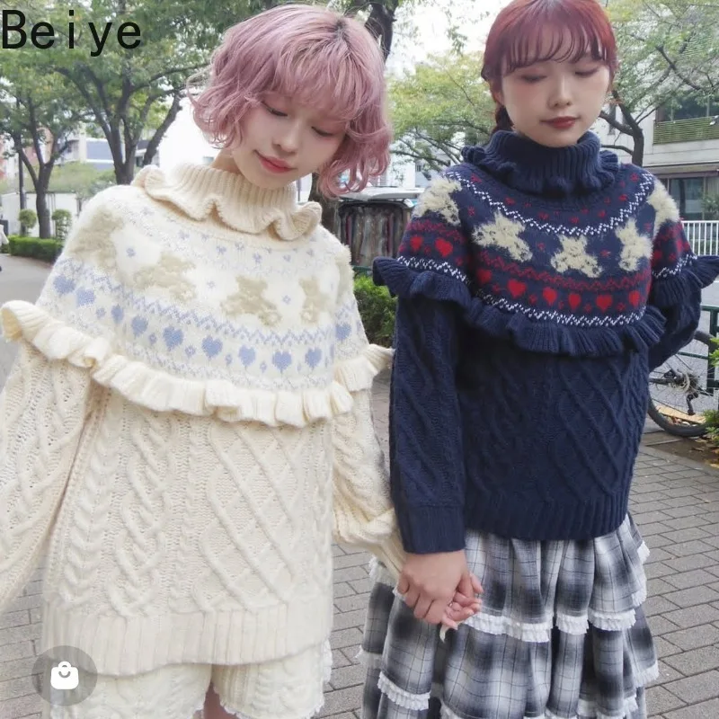 Girly Aesthetic Knit Sweater Ladies Bear Heart Ruffle Turtleneck Cable Knit Sweater Sweet Lolita Loose Women Pullover Tops