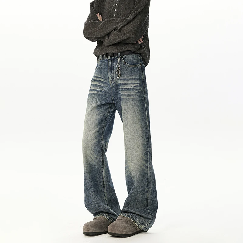 WTHT Mode 2025, Herbst männer Gradienten Gerade Lose Denim Hosen Vintage Casual Hochgewaschene Jeans Mit Breitem Bein Männlich 2A1506