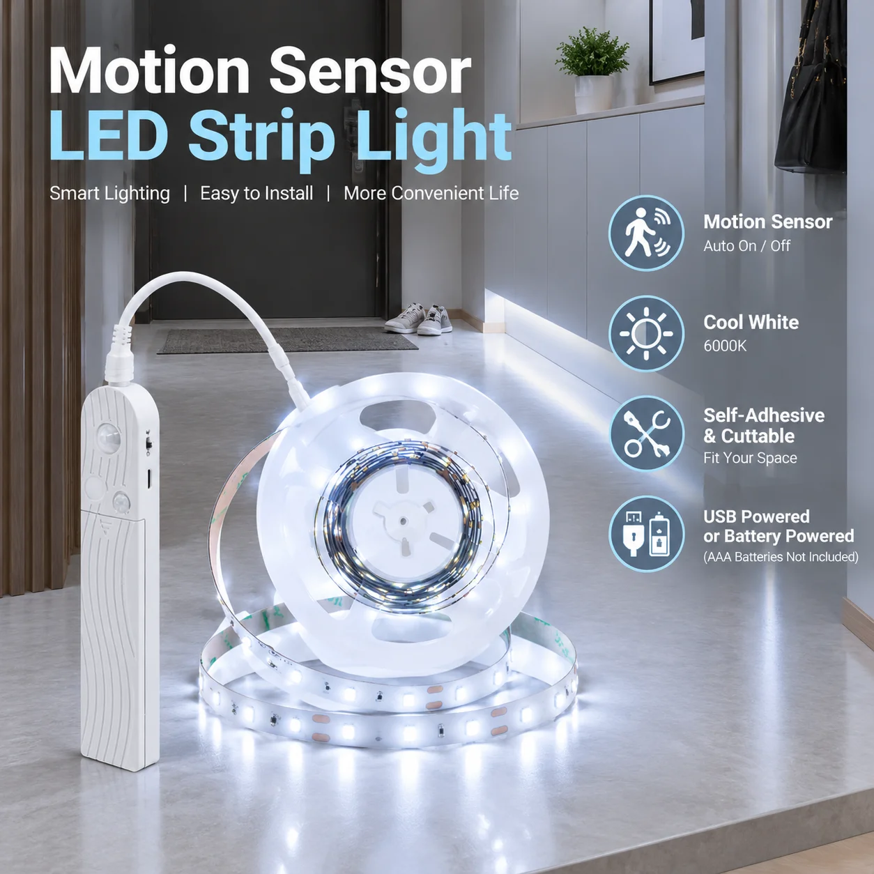 LED Motion Sensor Strip, Self-Adhesive Cuttable, Warm White/Cool White Choice, USB/Battery Powered（AAA Battery Not Included）