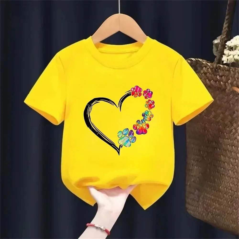Rainbow Tie Dye Paw Print Heart Shape Kids Short Sleeve T Shirt Black Round Neck Casual Boys Girls Daily Top