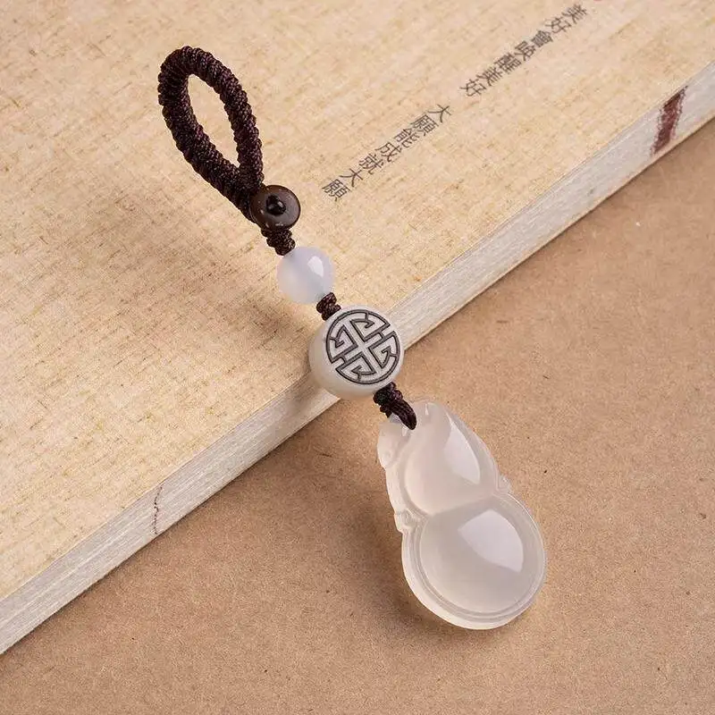 Natural Chalcedony Gourd Car Keychain Exquisite Jade Pendant Bag Hanging Ornament Creative Keyring Gifts