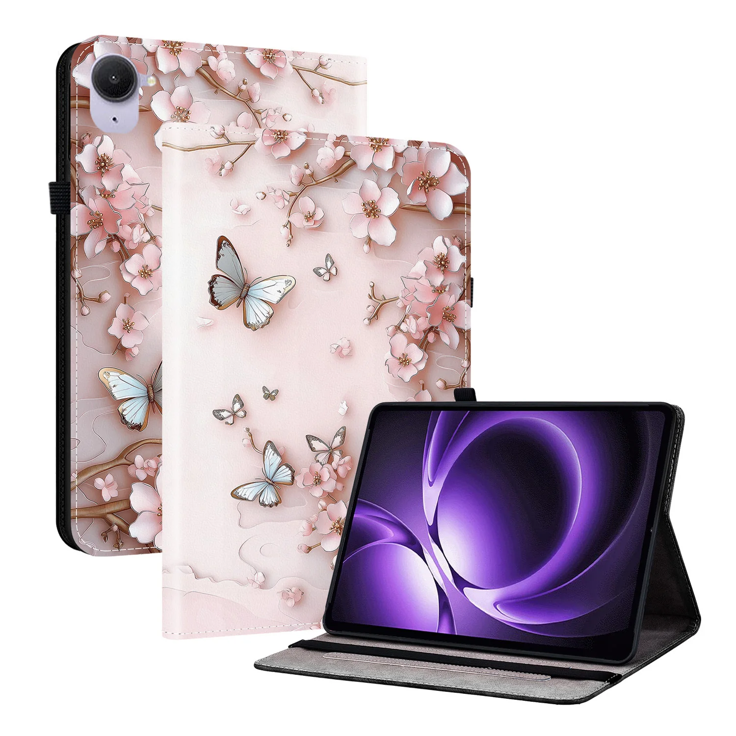 

For Xiaomi Redmi K Pad Leather Case Pattern Printed Stand Tablet Cover with Card Slots - Pink Butterfly