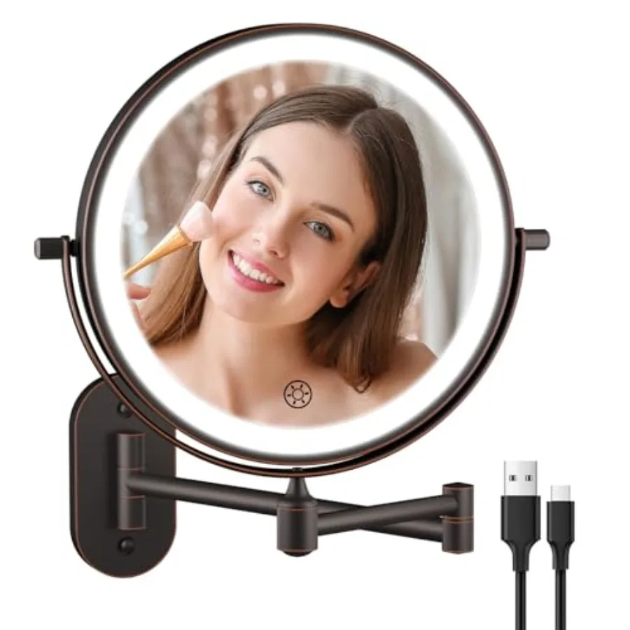 

5000mAh Rechargeable Wall Mounted Lighted Makeup Vanity Mirror with Double Sided Magnification 1X and 30X 3 Color Lighting Opti
