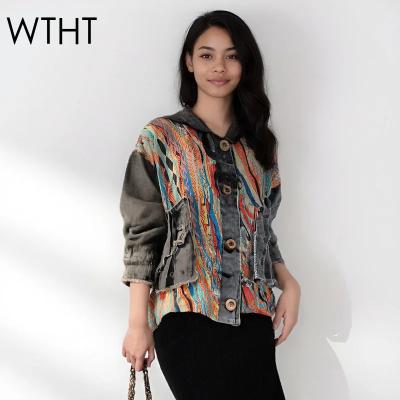 

WTHT New Trendy Women Irregular Striped Print Knit Spliced Knit Denim Hooded Jacket 2025 Autumn Long Sleeves Coat Female 1LS2269