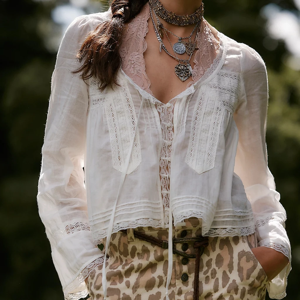 

Women's Fairy Long Sleeve Square Neck Shirts Lace Patchwork See-through Tie-up Front Button-down Blouse Crop Tops