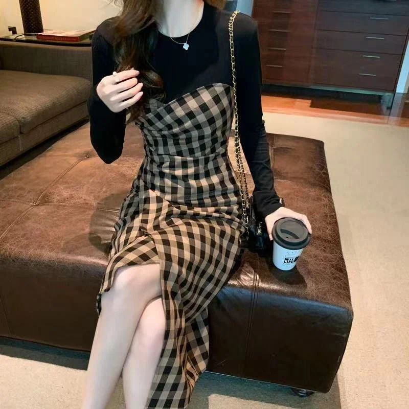 Spring Autumn Fashion Plaid Print Patchwork Ruched Slim Street Chic Midi Dress Women Casual O Neck Long Sleeve Sexy Slit Dresses