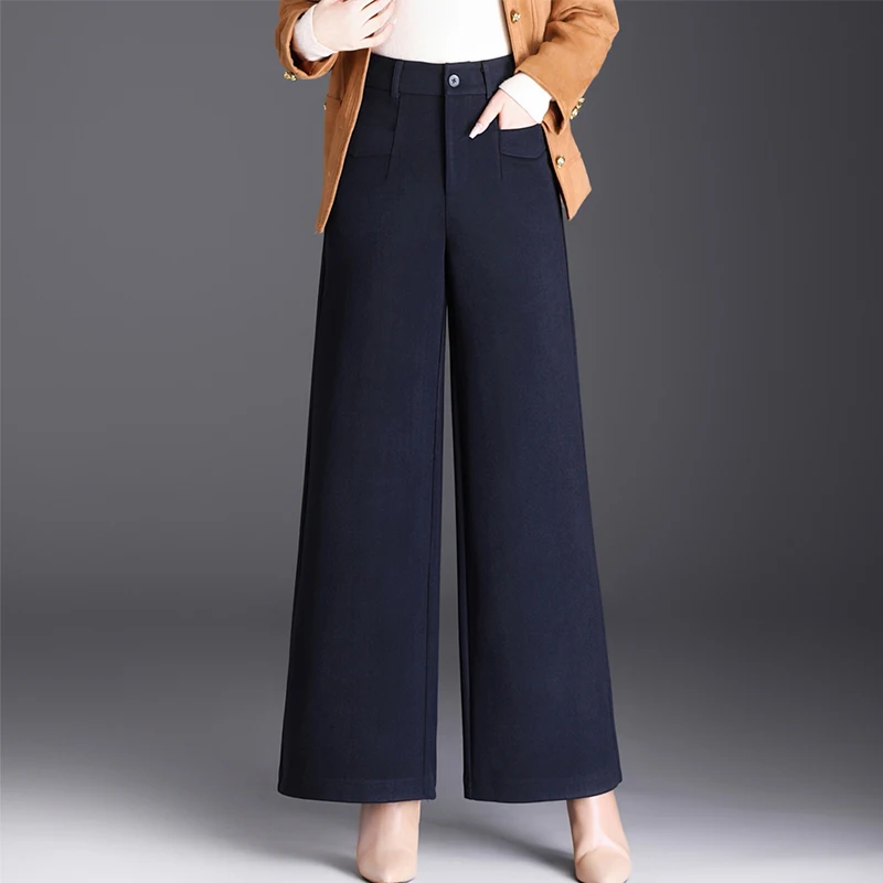 ZUZK 패션 신상 울 와이드 레그 팬츠 겨울용 따뜻한 하이웨이스트 캐주얼 스트레이트 롱 팬츠 플러스 사이즈 6가지 색상 캐주얼 시크 여성용