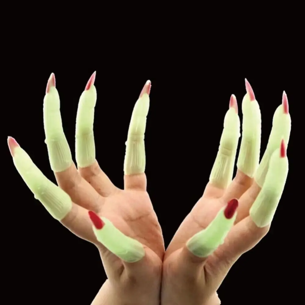 10Pcs/Set Luminous False Nail Covers Plastic Red Black Scary Witch Nails Long Shape Cosplay Zombie Claws Masquerade Ball