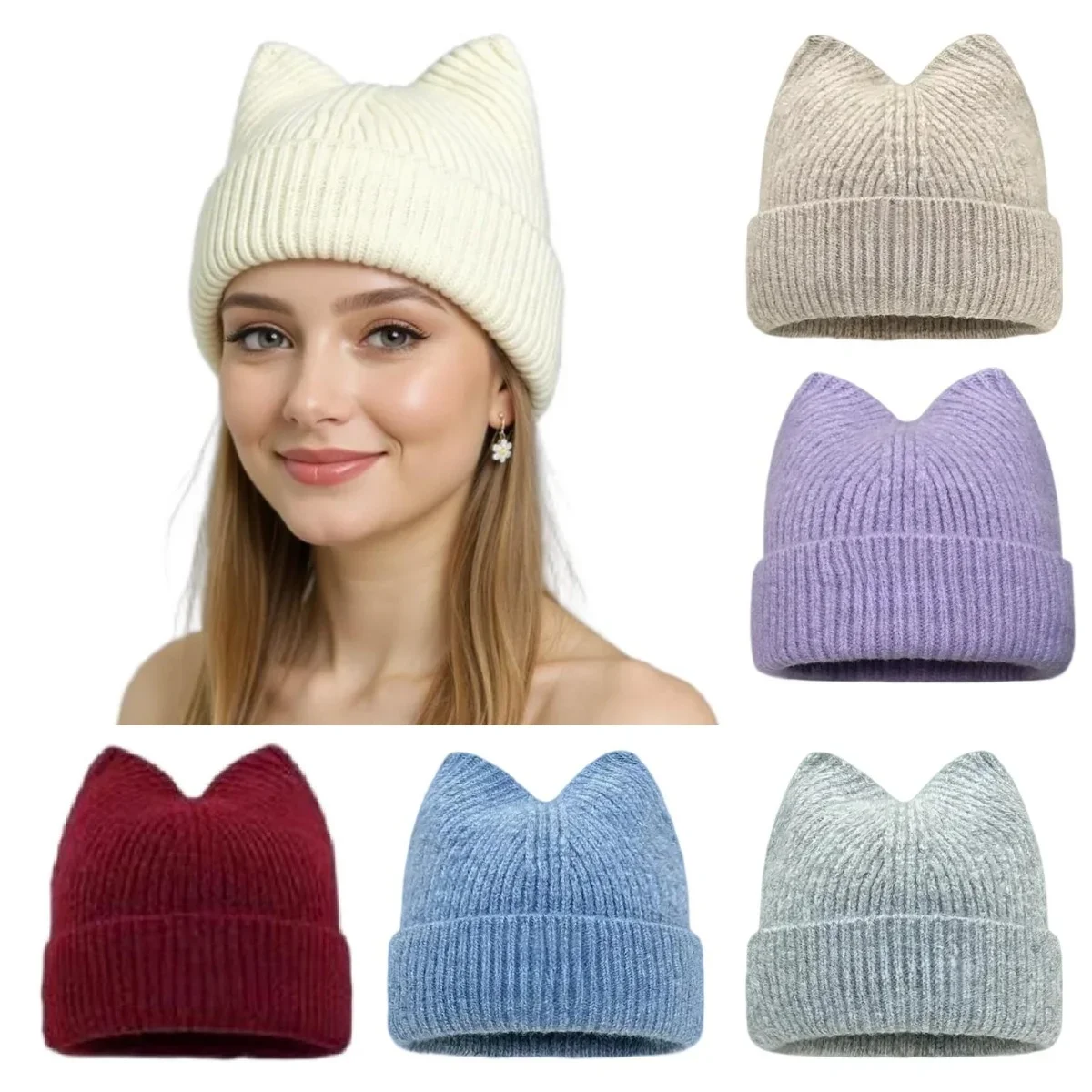 Neue Herbst- und Wintermütze mit Niedlichen Katzenohren aus Strickwolle Hochelastisch und Wärmend