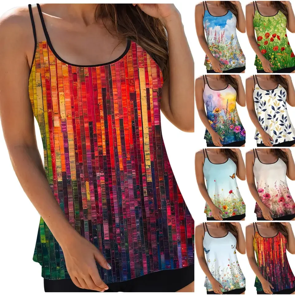 Women's Spaghetti Strap Tankini Top With Abstract Like Prints Women 1 Piece Bathing Suits Bikini Swim Tank Top No Bottom