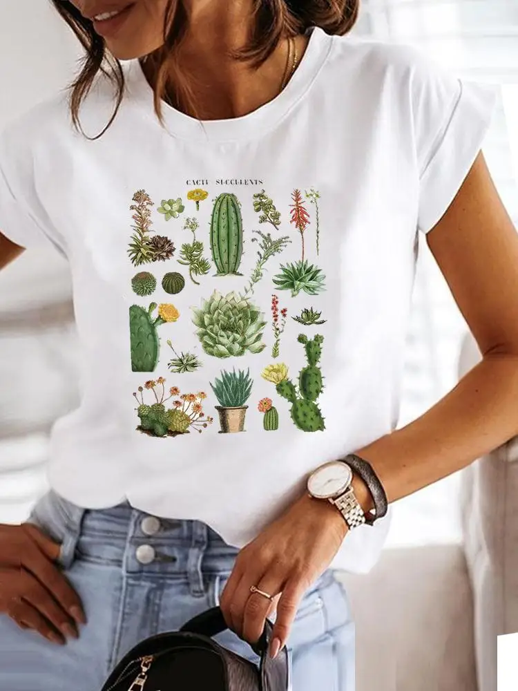 

Tee Women T-shirt Summer Short Sleeve Print Clothes Cactus Plant Lovely Style Graphic T Shirt Clothing Fashion Female Top