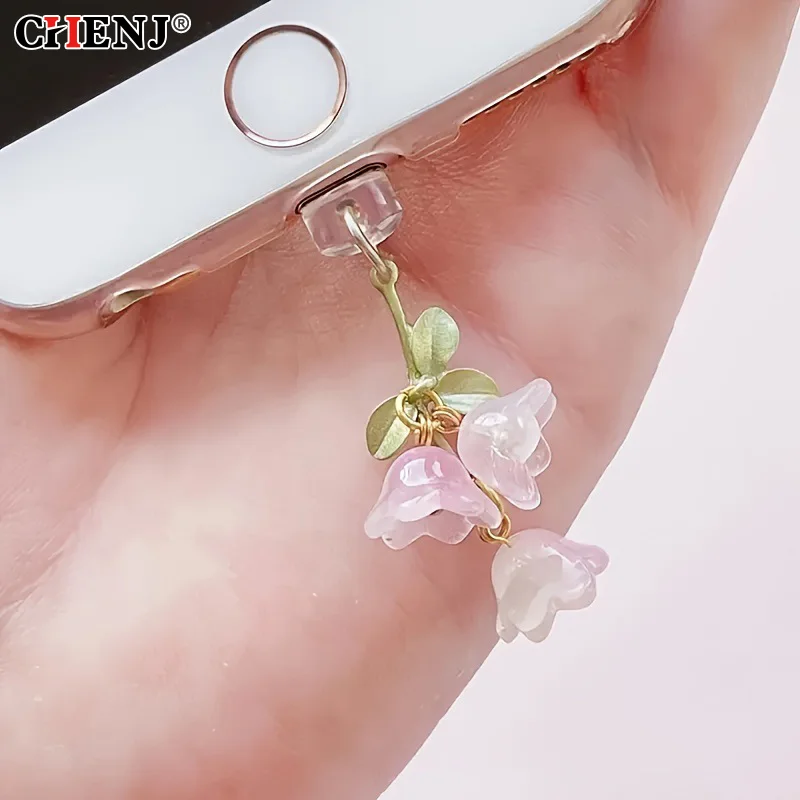 1PC For Phone/Type-C Interface Cute Pink Lily Of The Valley Phone Charm Flower Green Leaf Dust Plug DIY Accessories