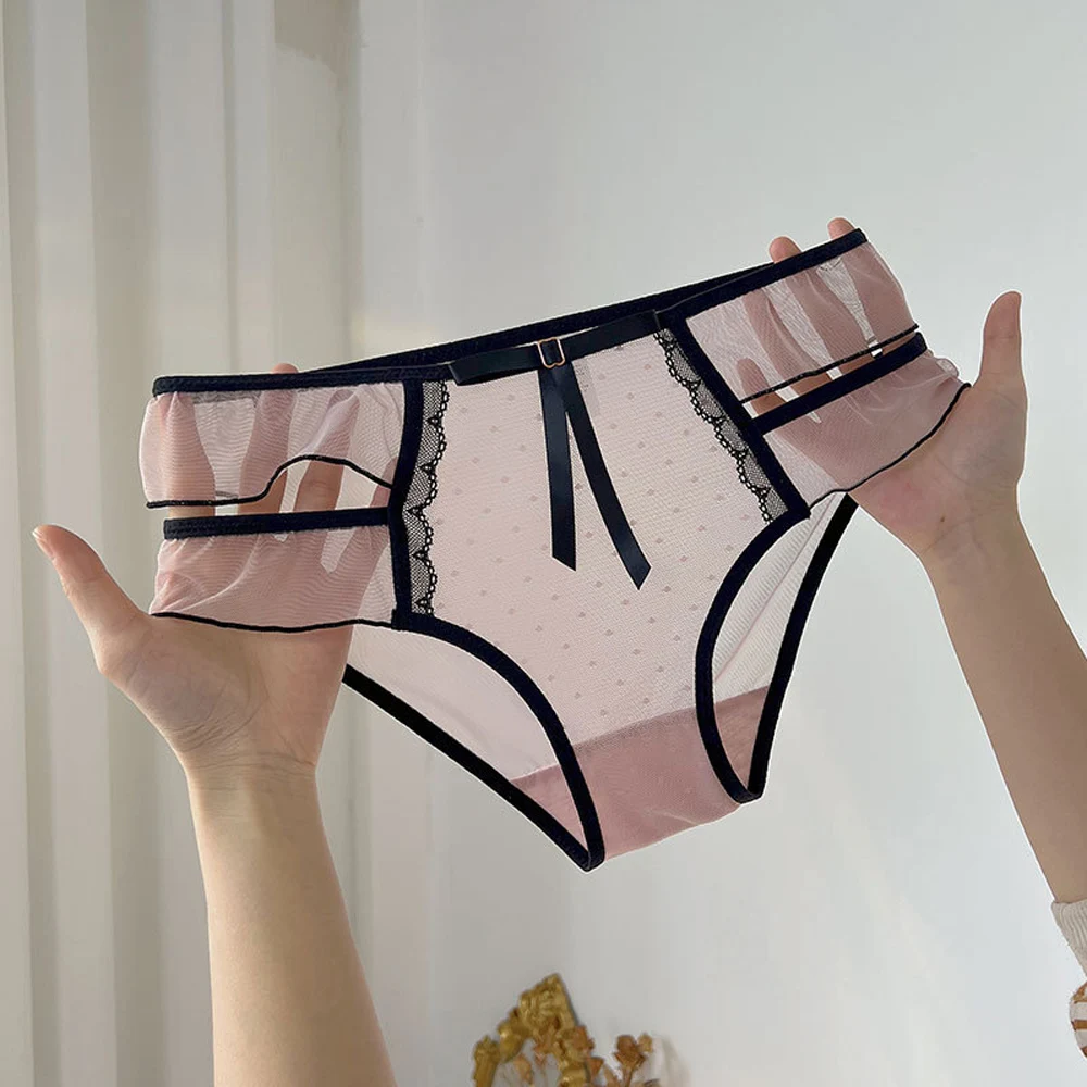 Damenhöschen-Stil, Spitze, Rüschen, niedlich, niedrige Taille, Netzstoff, transparent, sexy Unterhose, weiche Baumwolle, hohl gebundene Schleife, Slips, Dessous