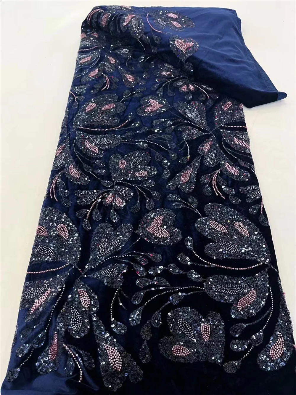 

Luxury Embroidered Lace Fabrics Royal Blue Nigerian Velvet Lace Fabric High Quality 2025 Navy Lace Fabric For Wedding A1182-1