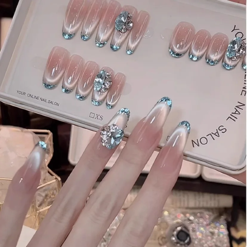 Handmade Gradient French Pink Cheek Cat Eye Nail Stickers - Wearable Advanced Sensation Pure Handmade Cat Eye Nail Art