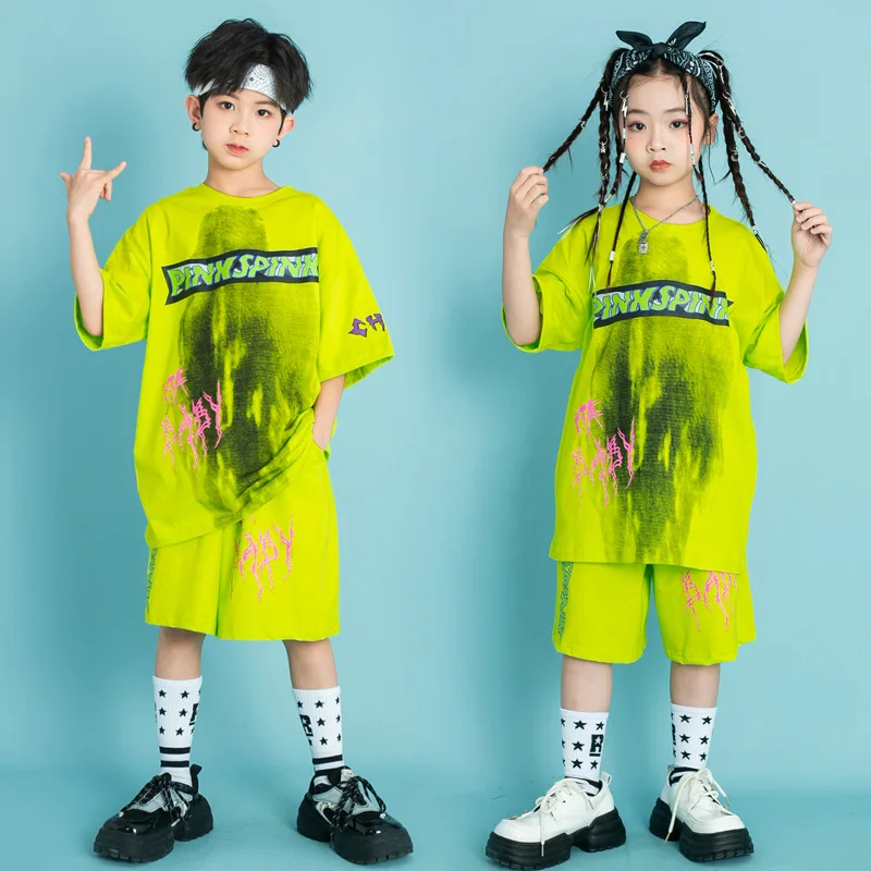 Hip Hop Outfits for Kids Summer Short Sleeve T Shirt Casual Shorts Fluorescent Green Sets Boys Girls Streetwear Stage Costumes