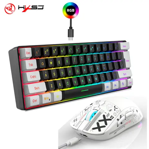 Conjunto de teclado e mouse para jogos retroiluminado RGB HXSJ-60% Teclado com fio de 61 teclas Mouse óptico sem fio para jogos de 3 modos para laptop PC