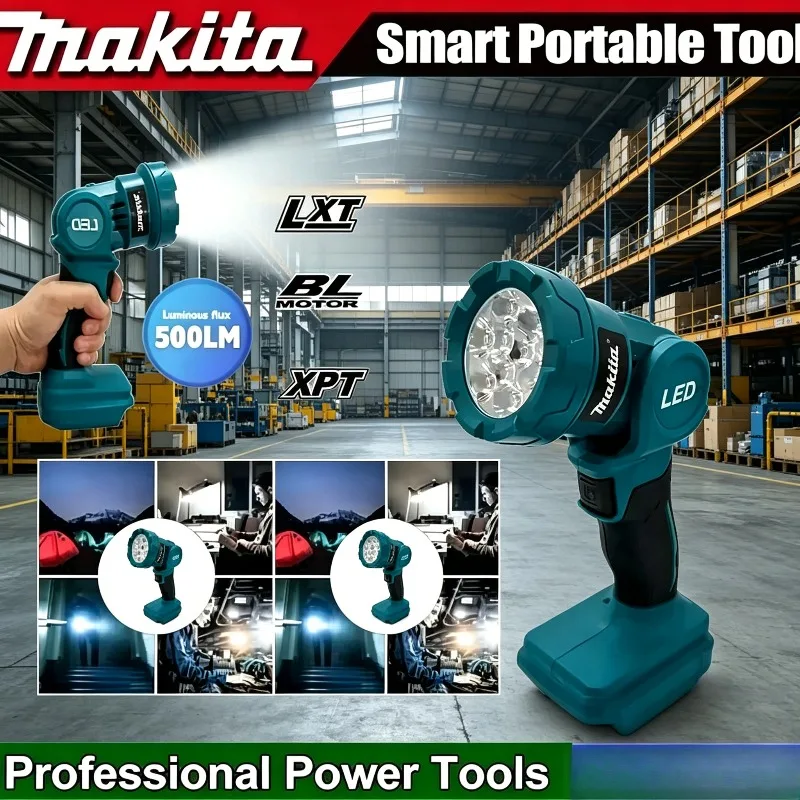 

Перезаряжаемый фонарь, беспроводной светодиодный фонарик Makita 18V с литиевой батареей, ручной прожектор для улицы, рабочий светильник.