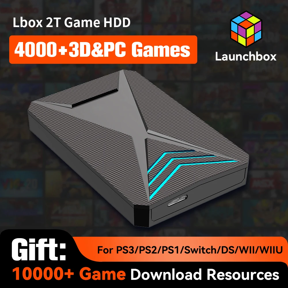 Lbox 2T External Retro Emulator Game Hard Drive With 4000+ 3D&PC Games Portable Gaming Consoles For PS3/PS2/PS1/Switch/WII/WIIU