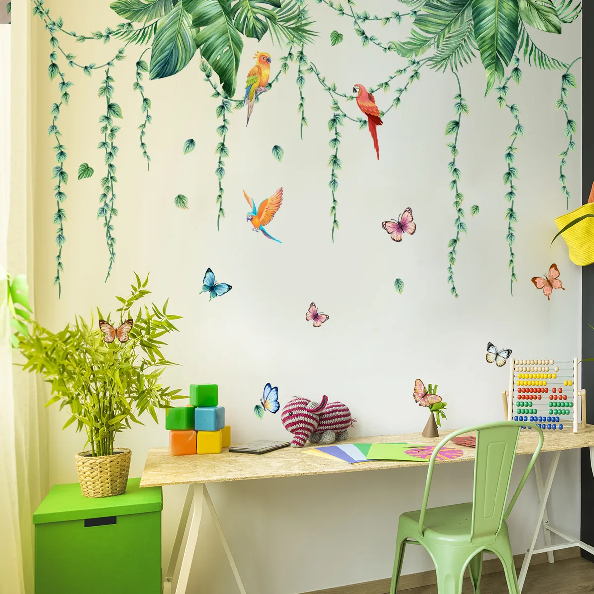Creative green plant rattan banana leaf wall stickers Parrot butterfly living room bedroom background decoration wall stickers