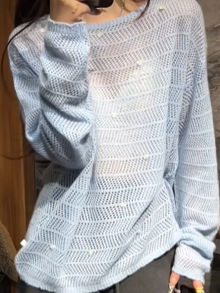 

Ele ажурный трикотаж, женский топ большого размера для похудения, дизайн Sensation Bead, осенняя новинка, корейская версия