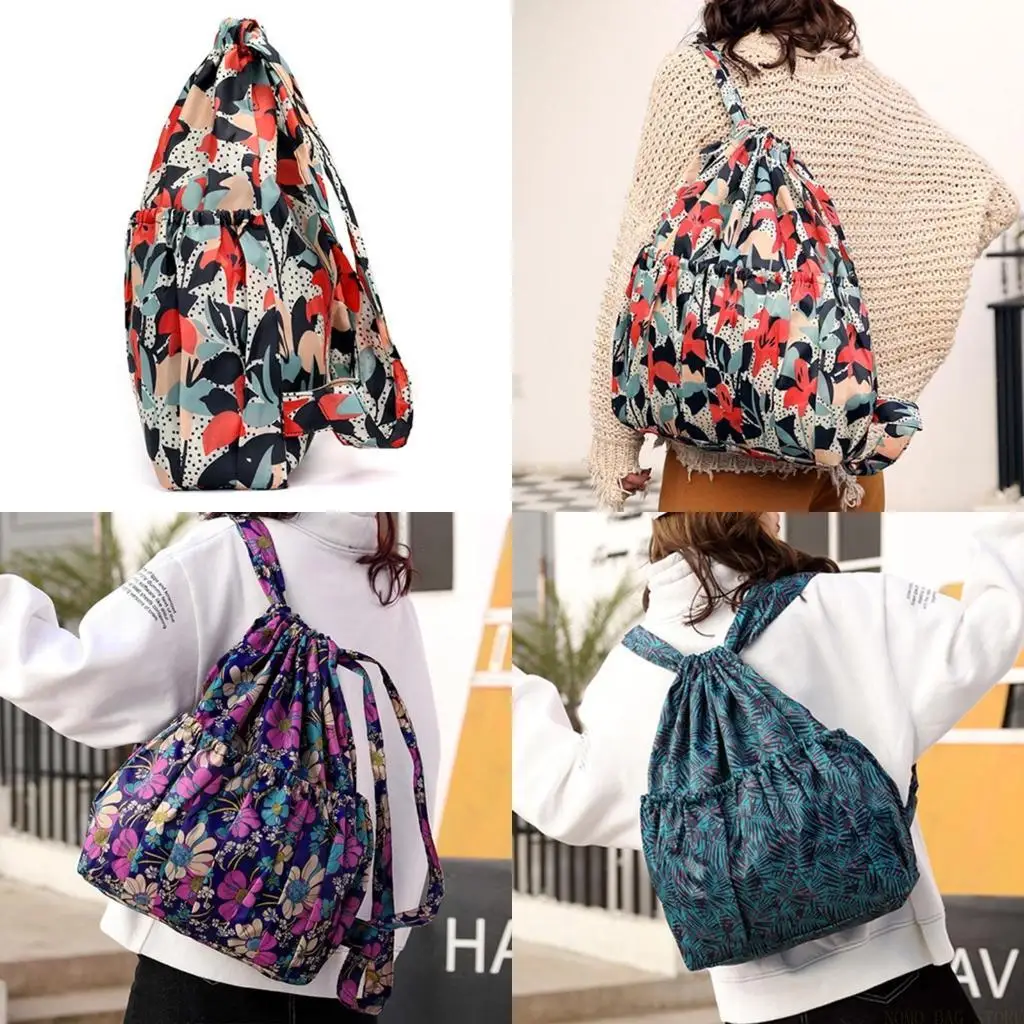 

X90D Women Boho Floral Print Drawstring Backpack Foldable Sports Bag Lightweight Large Capacity Tote Nylon Pool Beach Travel Gym