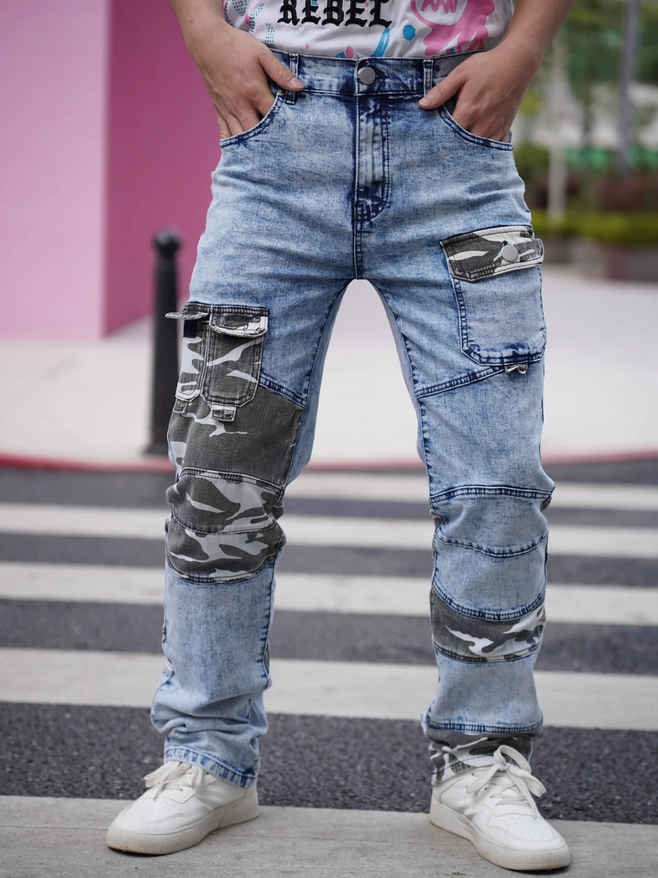 

Limited time and limited quantity discount offer Men's jeans Free shipping Unique patchwork design Loose and wide cuff style