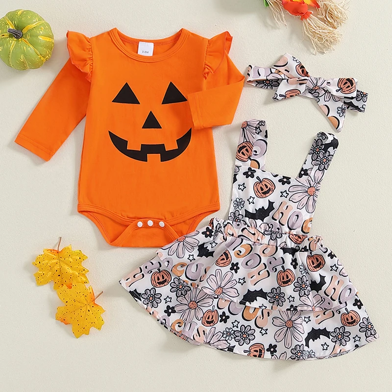 

Baby Girl Halloween Outfits Pumpkin Face/Ghost Print Romper Suspender Skirt Headband 3Pcs Clothes Set