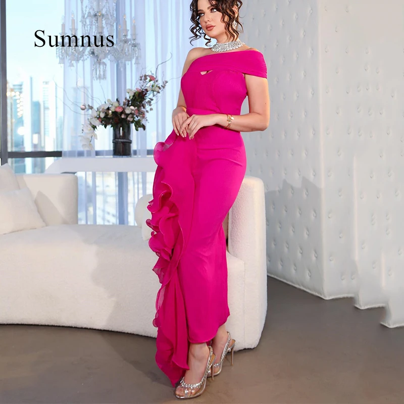 

Sumnus Fuschia Mermaid Prom Dresses One Shoulder Saudi Arabia Evening Dress Slit Ankle-Length Party Gowns Homecoming