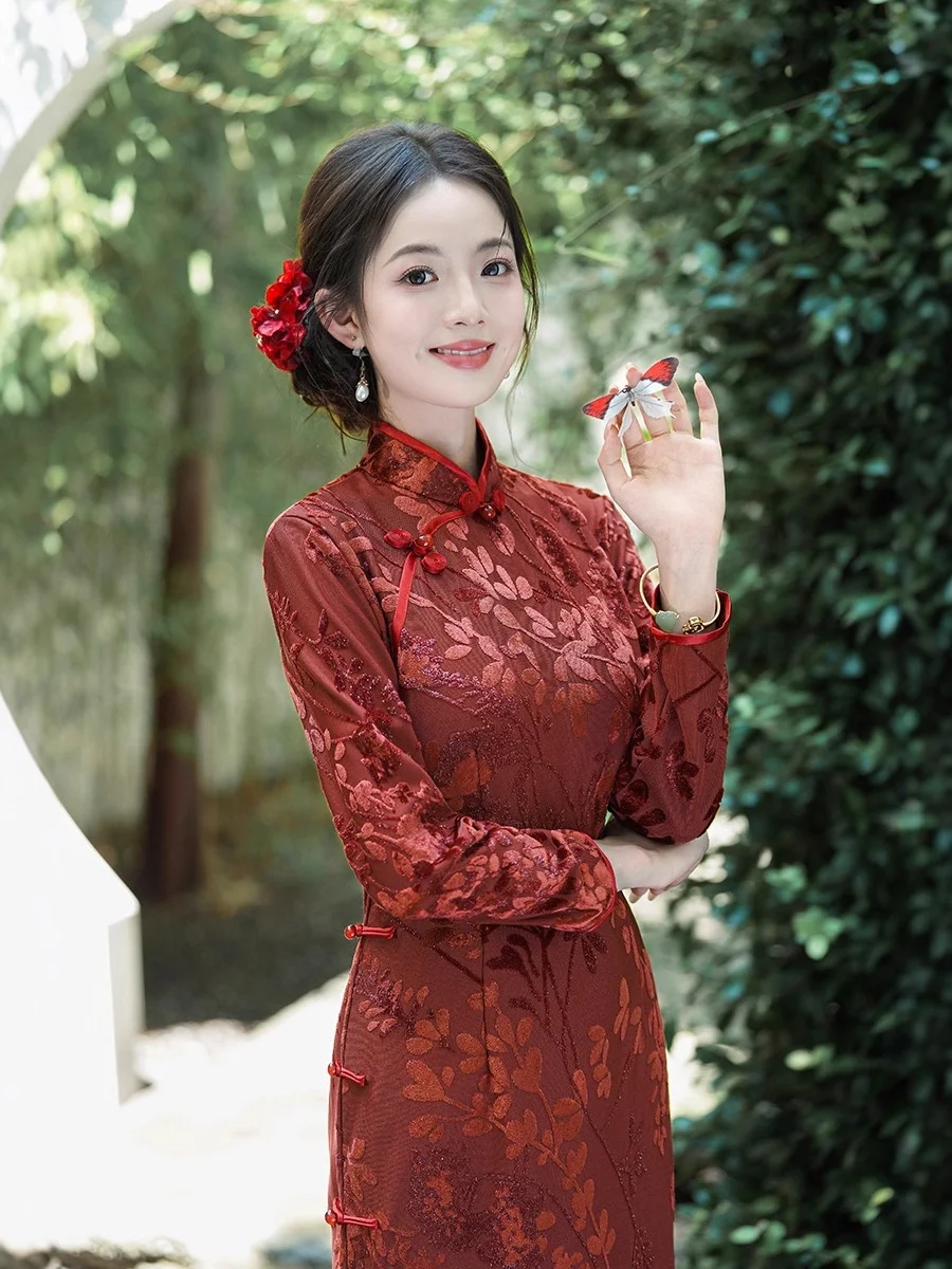 

Red Velvet Long Gown Vintage Sle Wedding Dinner Mommy Ele Long Sve Chinese Sle Dr for Women over 35
