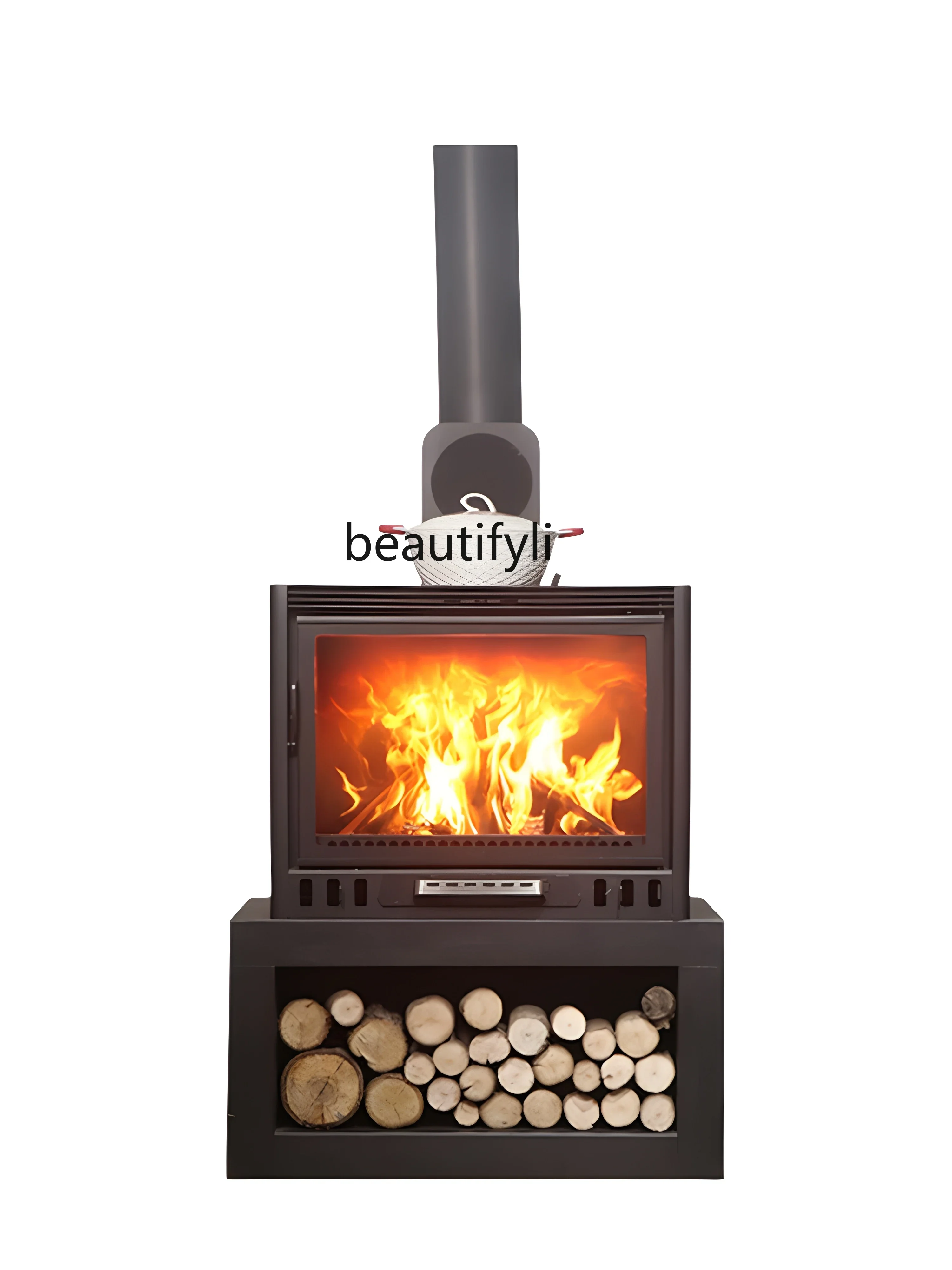 

Real fire burning firewood winter heater burning firewood boiling water rural new living room indoor real firewood stove