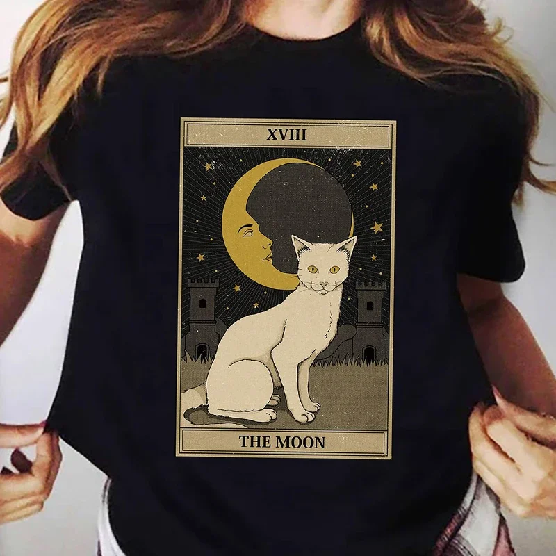 Funny Kawaii Tops Tees Ladies Tshirt 2022 The Tarot Card Cat Women T-shirt Cartoon The Magician Cats Black T shirt femme Tops