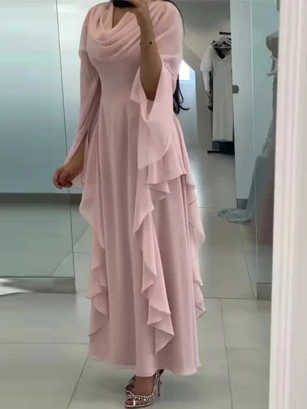 ชุดราตรีเดรสยาวทรงบอลกาวน์สำหรับผู้หญิง แบรนด์ Ele Long Sve V-Ne Maxi Dr คอลเลคชั่นฤดูใบไม้ผลิ/ฤดูร้อน ทรงเข้ารูป ลายจุด ผ้าชีฟอง ยาวกรอมพื้น