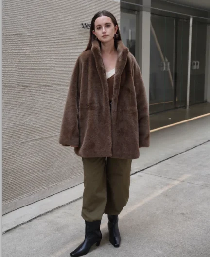 Women's Oversized Faux Mink Fur Coat with Drawstring Waist